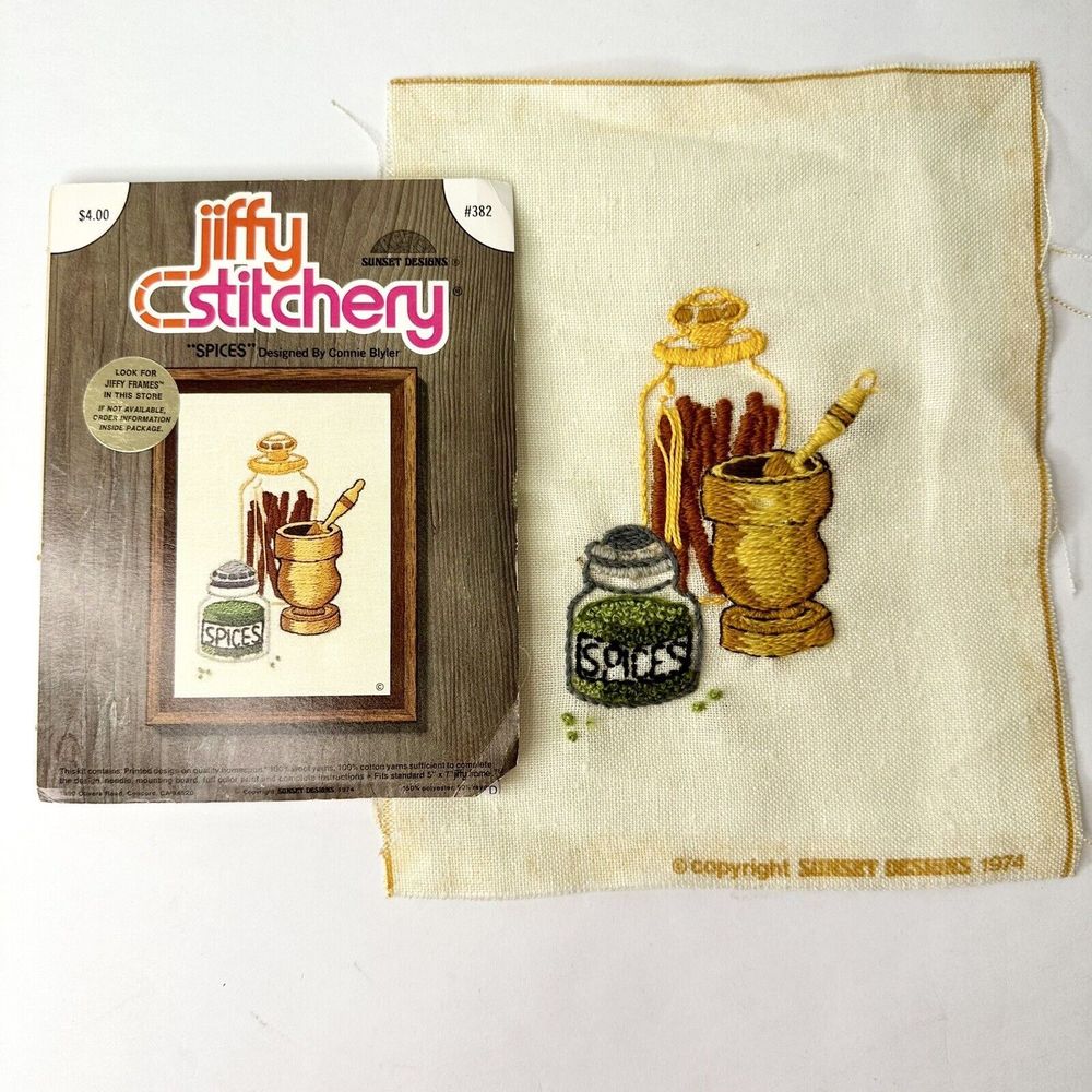 Vintage 1970's Jiffy Stitchery Spices Needlepoint Kit Wool Yarn 5 x 7" Completed